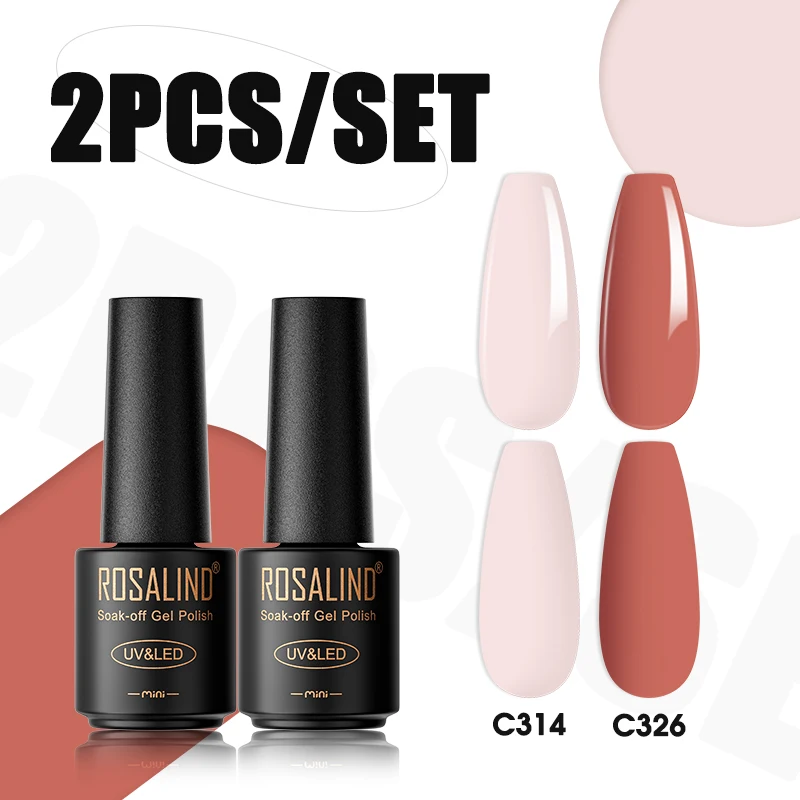 ROSALIND 2PCS/SET Semi Permanent Gel Nail Polish Set Bright Pink Brown Set Nail Gel Nail Art Top Base Coat Nail Lamp Gel Set