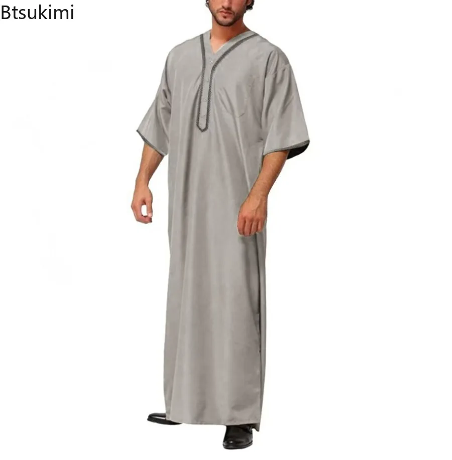 Mężczyźni Vintage Half Sleeve Muslim Kaftan Robes Leisure V Neck Printed Jubba Thobe Solid Patchwork Arabic Clothes Plus Size S-5XL