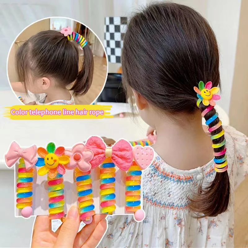 2Pcs Girls Elastic Rubber Bands Children Telephone Wire Hair Ties Spiral Coil Hairbands Hair Rope Ponytail Hair Accessories