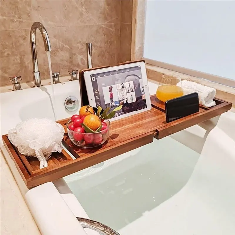 BMBY-Bathtub Storage Rack Adjustable Width Wood Bath Organizer