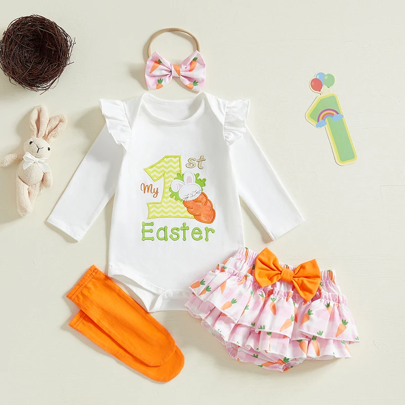 Osterhasen-Baby-Mädchen-Outfit, bezaubernder Strampler mit Karotten-Rüschen-Shorts, Schleife, Stirnband, Socken – Frühlingskleidung für Sie