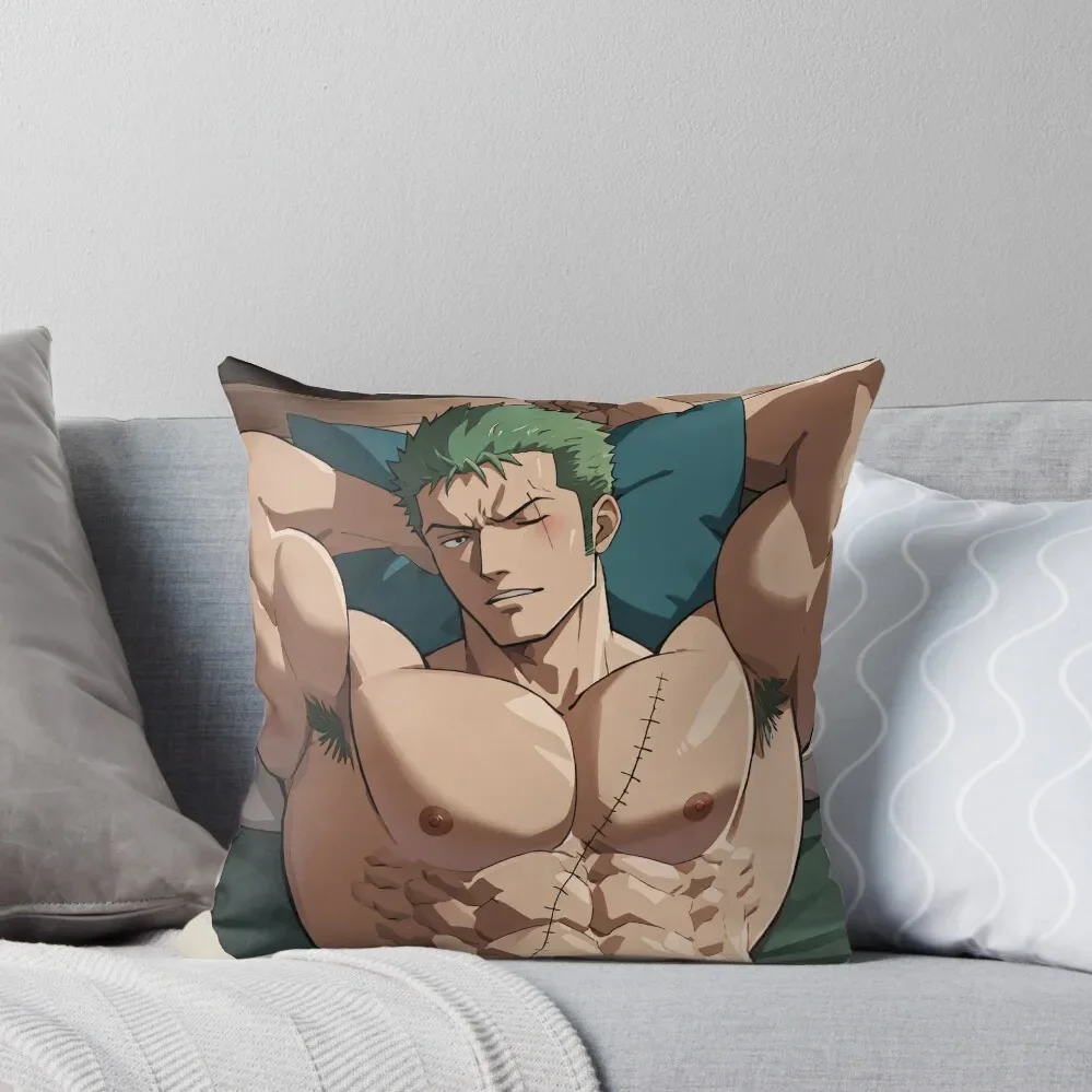 Muscular Anime Boy With Green Hair Flexing Biceps Armpits Throw Pillow Cushion Child Cushions For Sofa Pillow