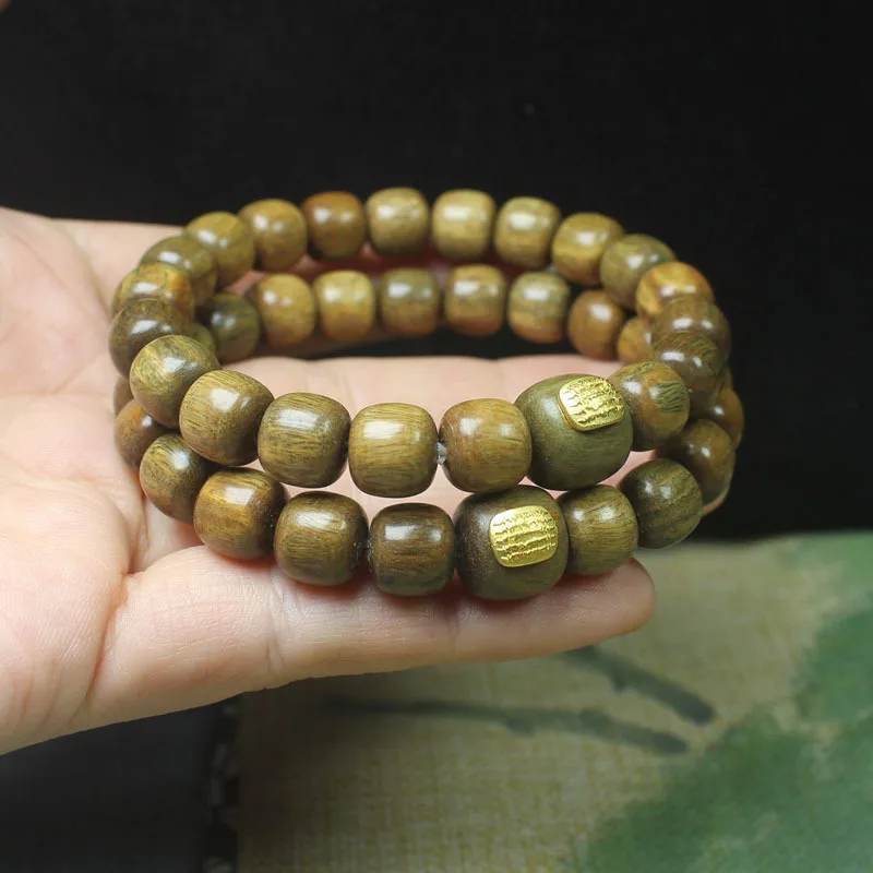 

9mm Green Sandalwood Barrel Bead Bracelet Five Sutra Style Buddhist Prayer Beads for Men and Women Gifts