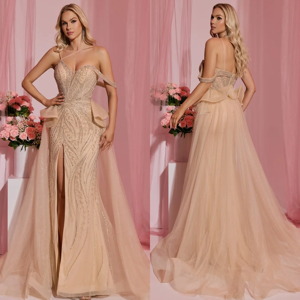 

Customized High Quality Exquisite Tulle Sequined Beading Mermaid Spaghetti strap Long Dresses Bespoke Occasion Dresses Matching