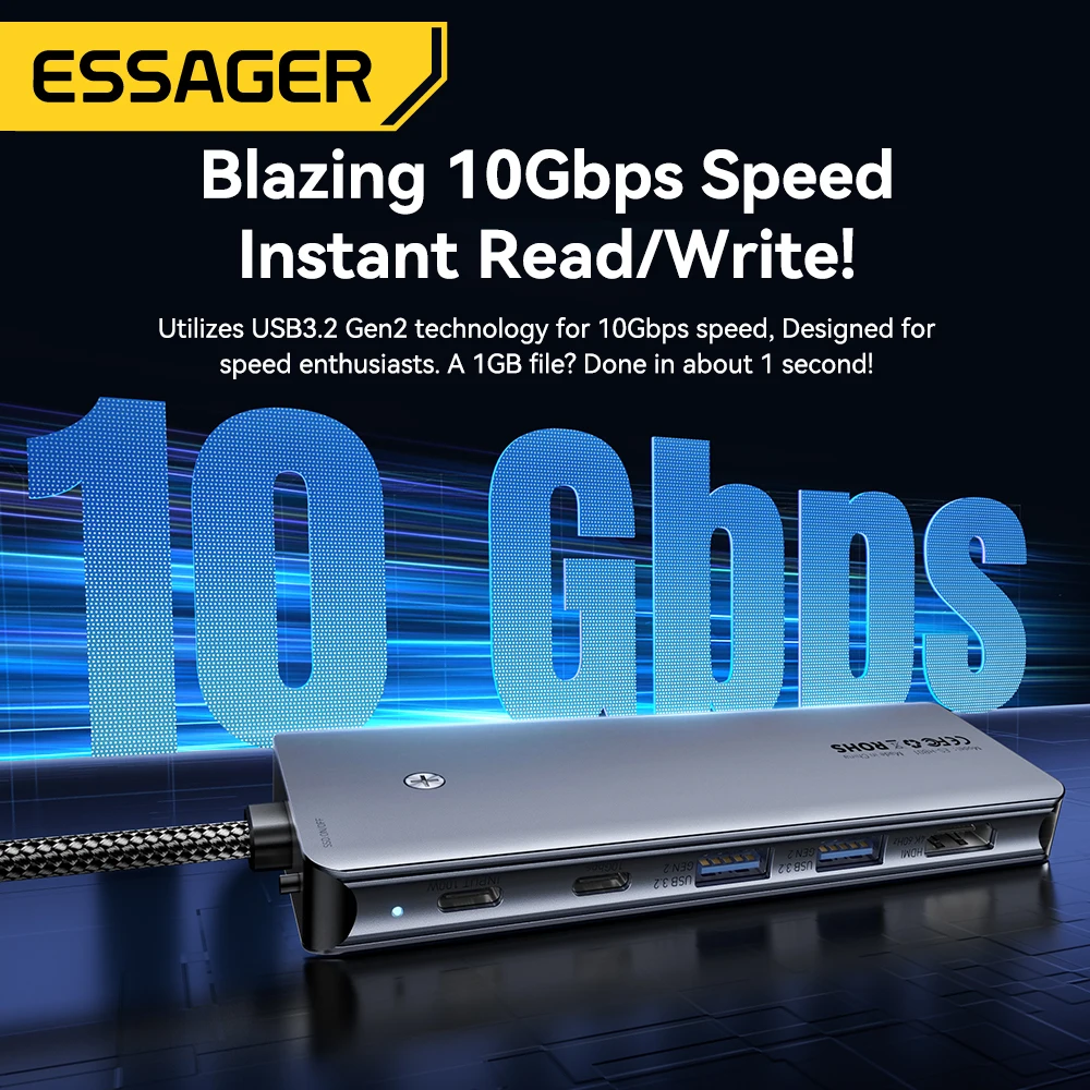 Essager USB C Hub mit M.2 SSD Festplattengehäuse 6/7 in 1 PD100W USB3.2 10 Gbit/s HDMI USB Typ C Adapter für MacBook Pro Air PC