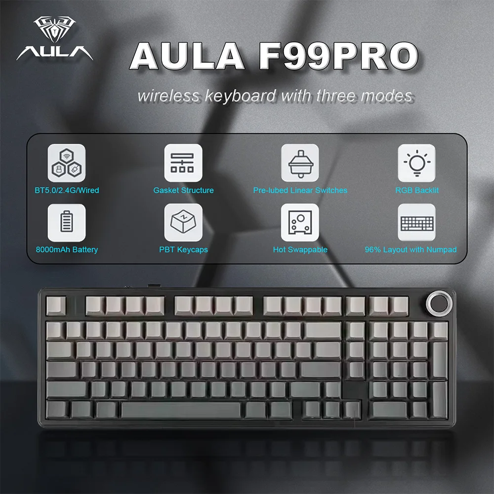 AULA F99 PRO Wireless Gaming Mechanical Keyboard 99 Keys Hot Swappable Gasket Structure 96% 8000mAh Battery Keyboard with Knob