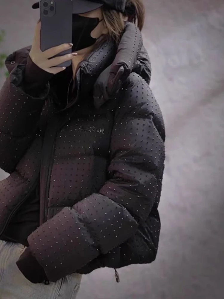 الشتاء قصيرة الماس مقنعين القطن أسفل سترة الإناث سستة الرباط الدافئة باركر أبلى المرأة الأبيض بطة أسفل سترات فضفاضة #3