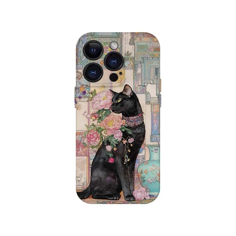 

Black Cat Cartoon Between Flowers Phone Case for IPHONE 17 Air 16E 15PROMAX 14Plus 13 12MINI 11PRO 16Plus XR Acrylic Phone Cover