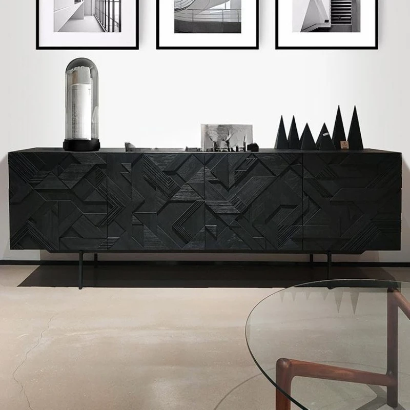 

Nordic all solid wood Indonesia imported Belgian teak carved dining side cabinet black retro living room TV cabinet