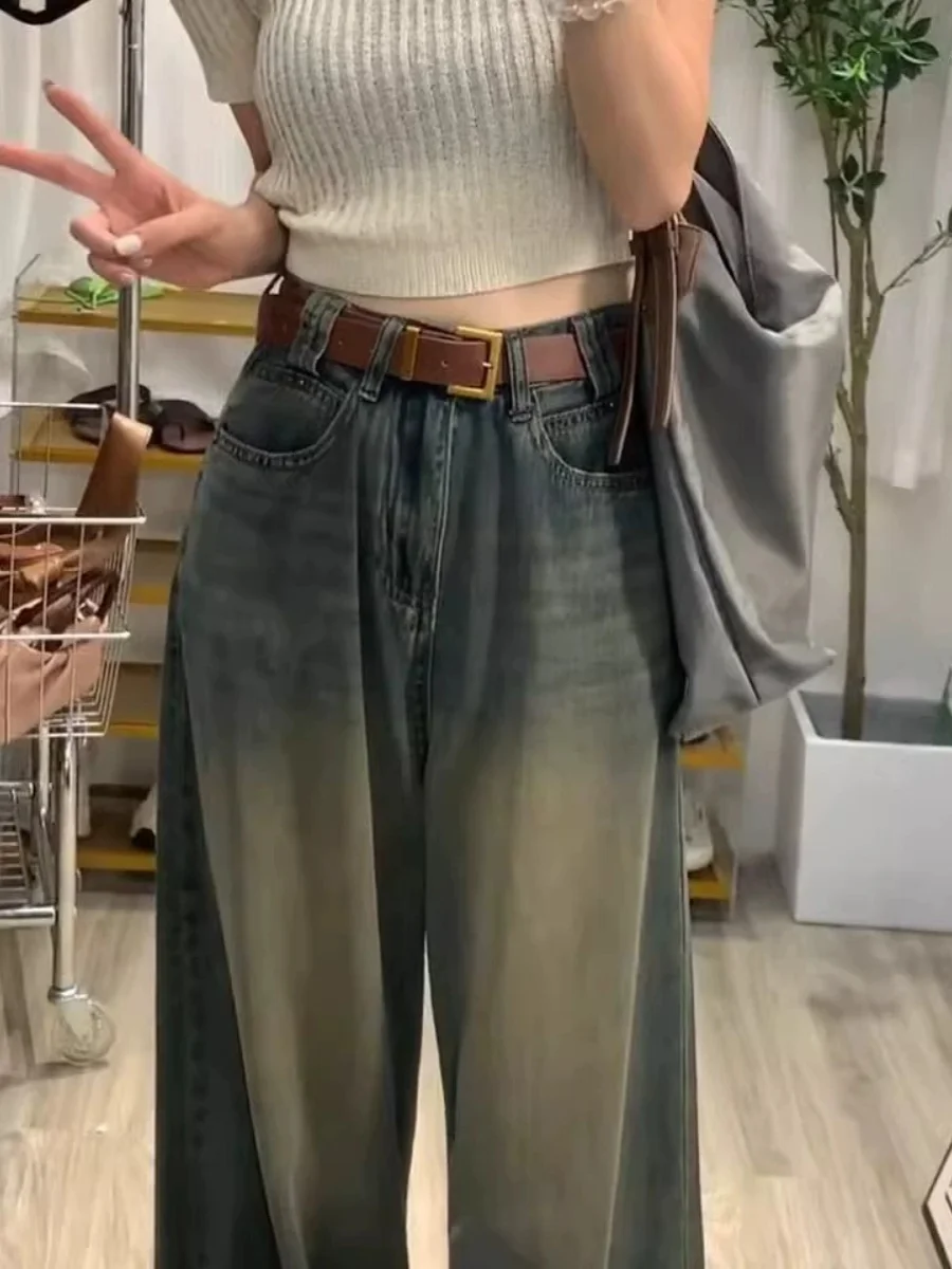 plus Size Women's American High Street Wide Leg Jeans Straight Cut Loose High Waist Long Pants Vintage Style All Seasons