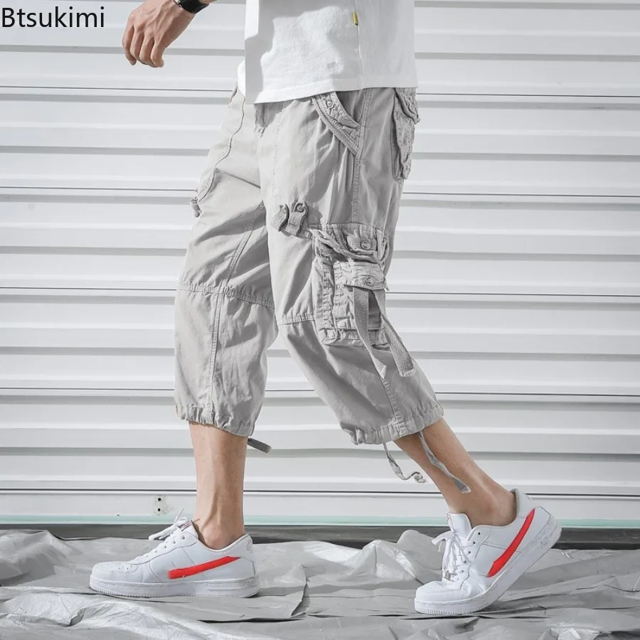 New 2026 Casual Cropped Pants for Men Fashion Solid Multi-pocket Workwear Pants Men's Outdoor Sport Baggy Trousers Joggers Pants