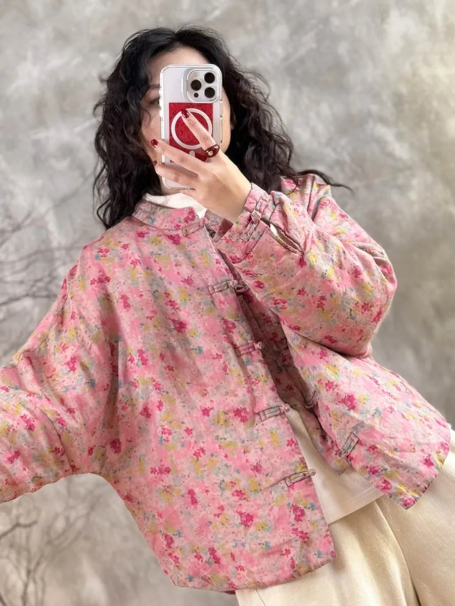 

Retro Cotton Linen ort Jaet Women Winter Anti-Aging Stand Collar Button Thiened Cotton Warm Slimming Outerwear