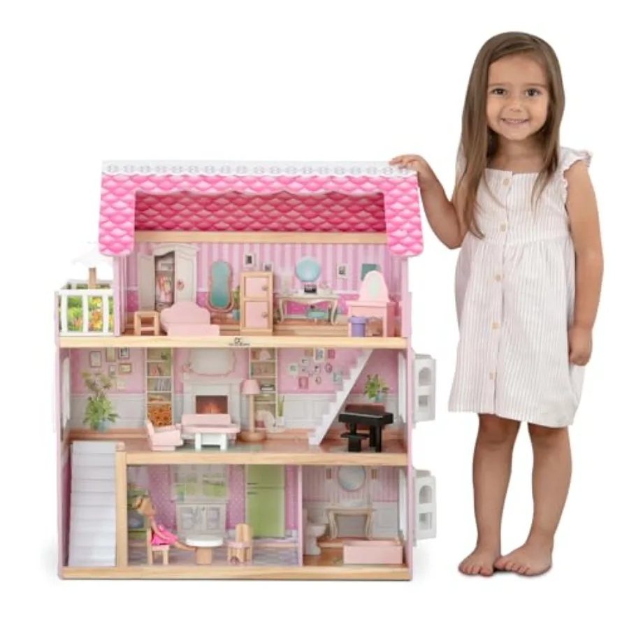 

Pretend play 3-story dollhouse for ages 3+, wood-look finish, white-pink color, includes 16 accessories and fits 5-inch dolls