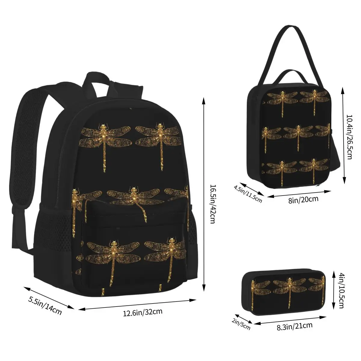Fancy Gold Glitter Dragonfly Backpacks Kids Bookbag School Bags Rucksack Lunch Bag Pen Bag Three-Piece Set