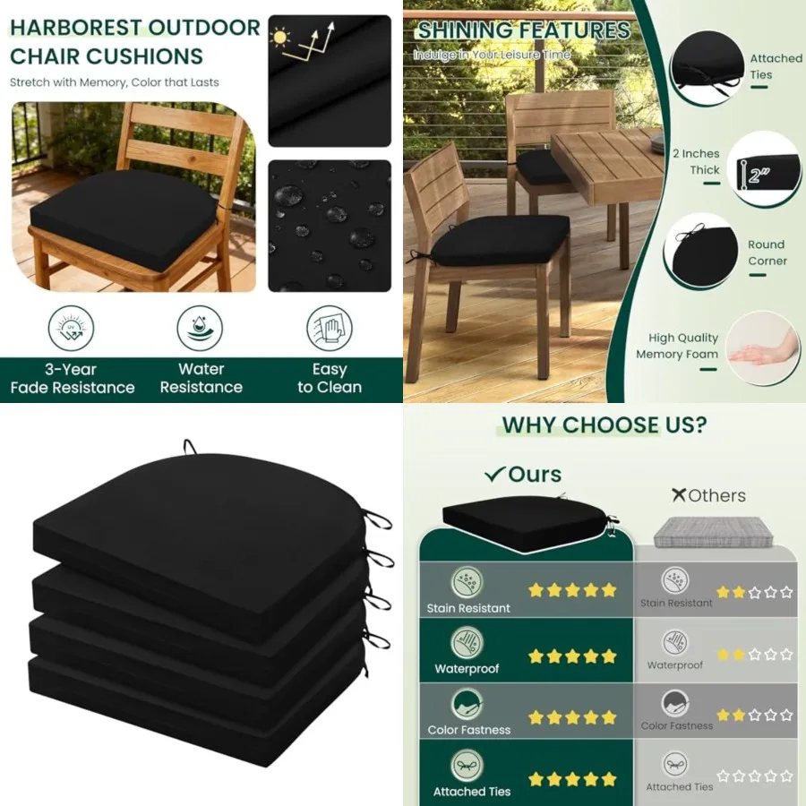 

Outdoor Chair Cushions Set of 4, Water Resistant Patio Chair Cushions with Ties, Outdoor Seat Cushions for Patio Furniture, 17"x16"x2", Black