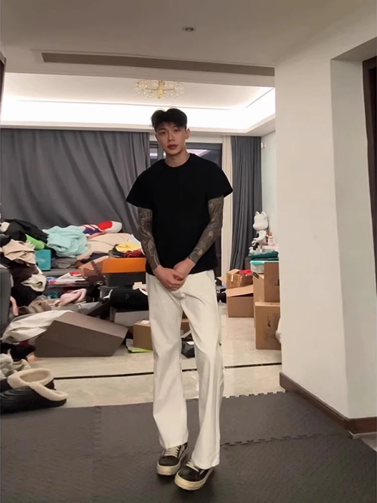 

White Flexible Straight Leg Men's Jeans Summer High Waist Slimming Bell Bot American Vibe Knife Casual Trousers