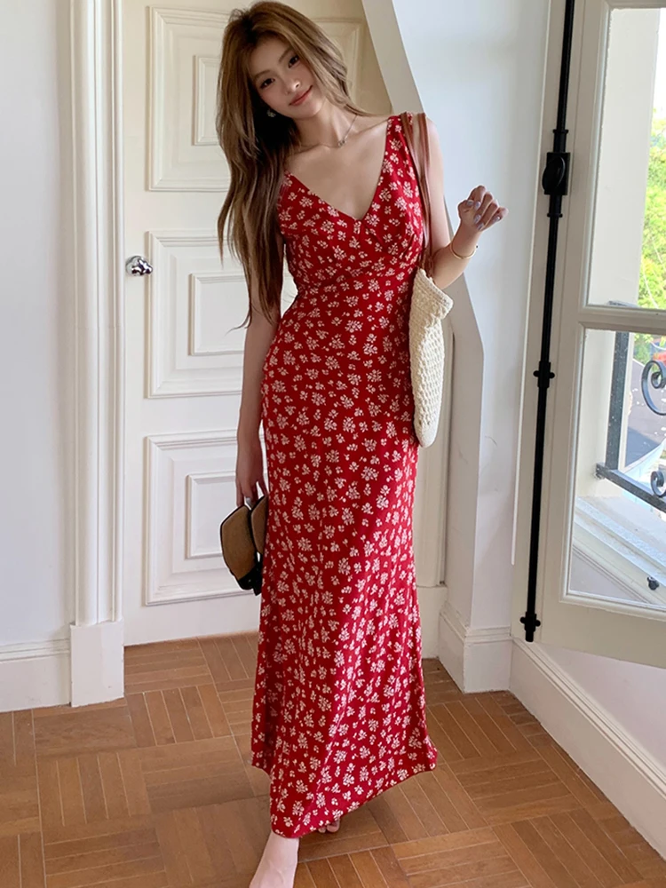 

Летнее красное сексуальное длинное платье без рукавов с v-образным вырезом и цветочным принтом, женское корейское облегающее вечернее платье, Vestidos 2025 г., элегантное облегающее праздничное платье для выпускного вечера