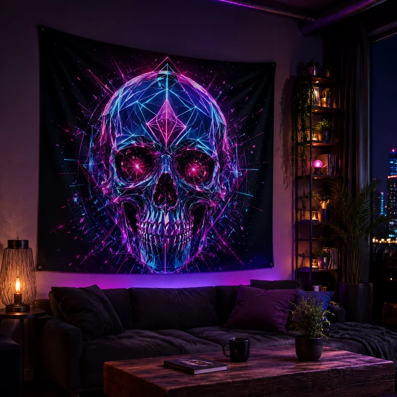 VIKAMA Tech Gothic Skeleton Tapestry, Neon Geometric Skeleton Wall Hanging, Mysterious Cyber Art Print Tapestry