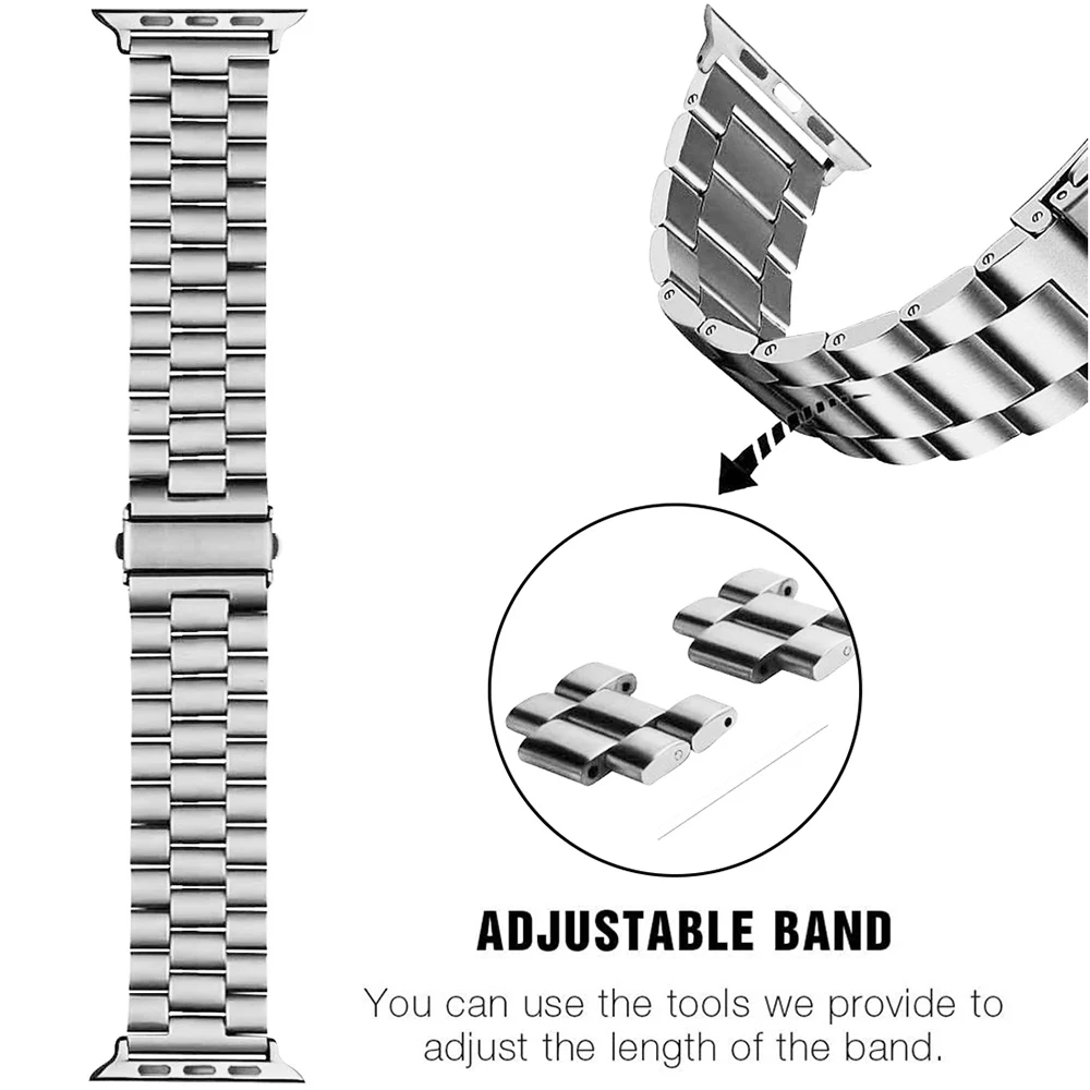 New Solid 304 Double Button Clasp Stainless Steel Metal Watch Band Strap Men Belt For Apple  iWatch 7 Bracelet 41mm 45mm