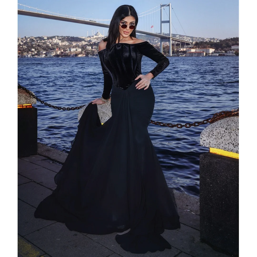 

Elegant Mermaid Evening Dresses Woman Velour Corset Prom Dress Long Sleeves Off Shoulder Wedding Party Gown Customized