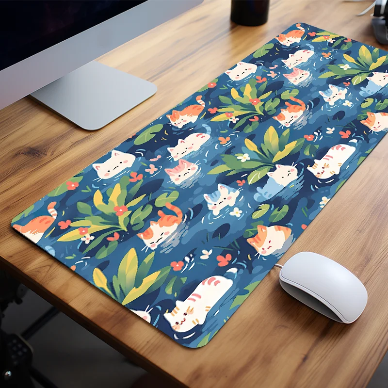 Kawaii Cat Mouse Pad Green Seaweed Large E Sports Office Desk Mat Keyboard Pad Non Slip Natural Rubber Mouse Mat 35 4x15 7Inch