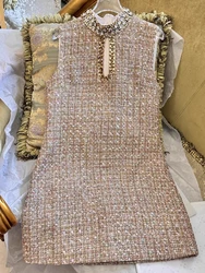 HIGH STREET Newest 2024 Fashion Stylish Designer Women's Metallic Diamonds Sequined Beading Sleeveless Tweed Dress