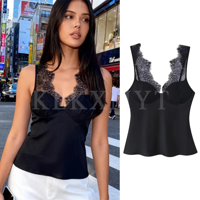 Damski seksowny top na ramiączkach z koronki 2025, nowa moda damska, bez rękawów, satynowy top z koronkowymi wstawkami, krótki top damski, elegancki top na ramiączkach w stylu high street.