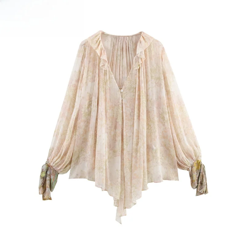 

ZBZR Spring New Women's Casual Loose Fit Long Sve V-ne irt Floral Print Top Thin Polyester Fabric Single Button Closure