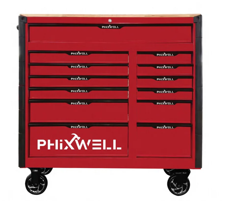 Heavy Duty 13 Drawers Metal Tool Storage Roller Cabinet Trolley with Wooden Countertop Including Hand Tool Set