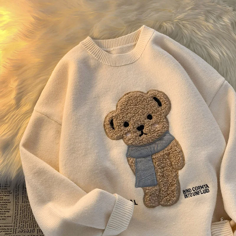 2023 Women Couple Pullovers Winter Cute Bear Jumpers Knitwear Sweater Harajuku Fall Round Collar Loose Pullovers Oversized Tops