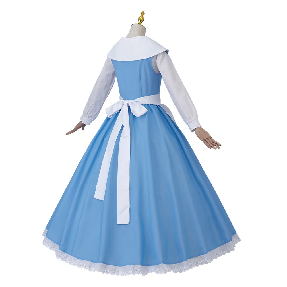 Anime Cosplay Princess Costume Belle Blue Maid Dress for Adult Women Village Party Outfits Halloween Carnival Ball Gown with Bow