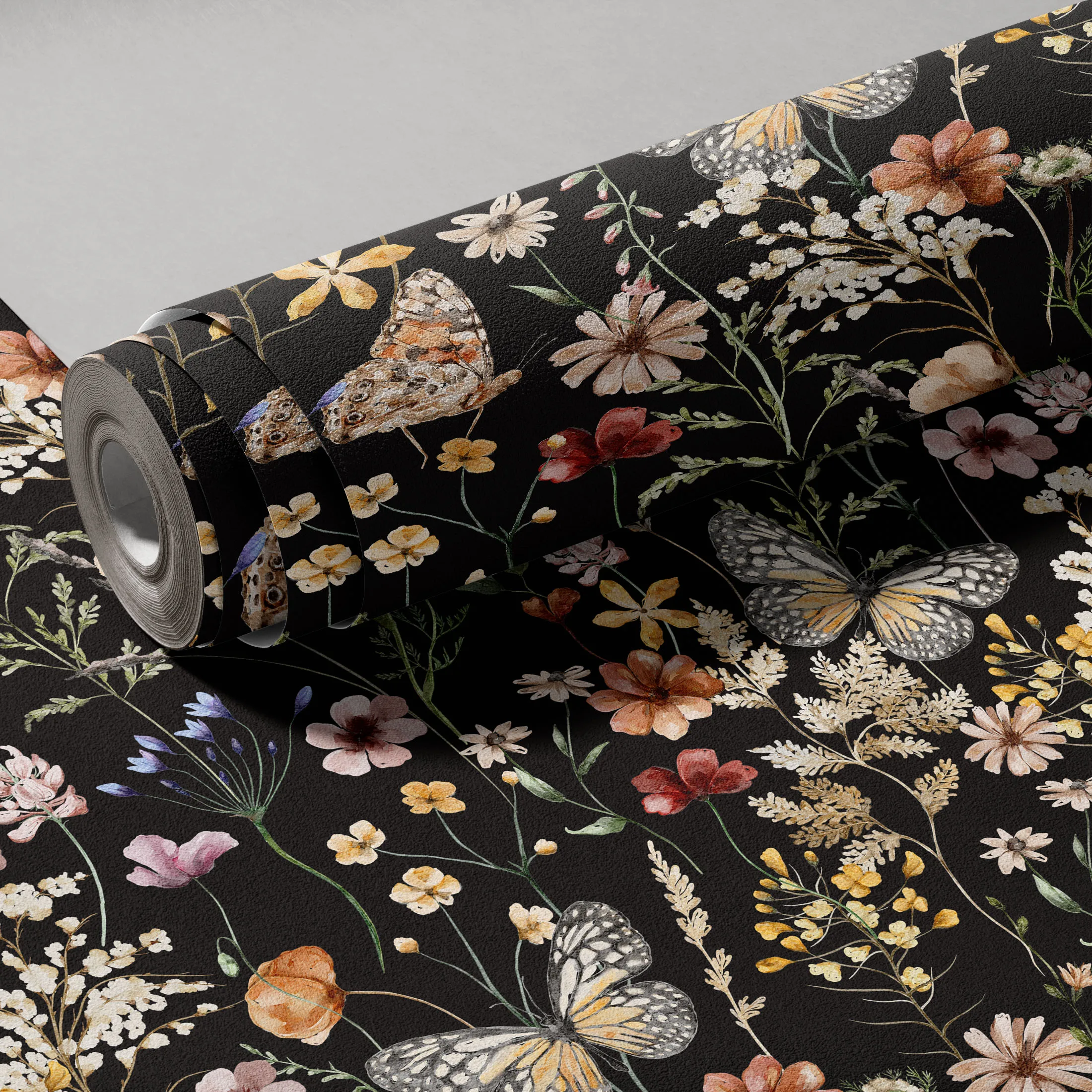 Black Wildflower Butterfly Self Adhesive Wallpaper Botanical Contact Paper Waterproof Wall Mural for Wardrobe Drawer Bedroom