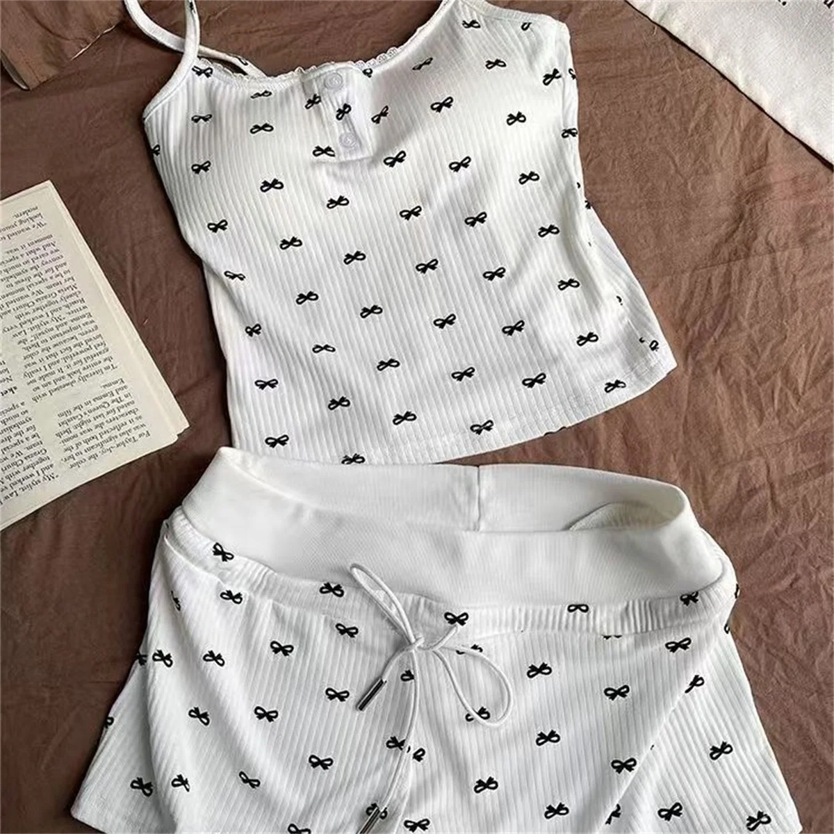 

Women's Bow Pajamas Set Printed Summer Spaghetti Strap Top&Short Homewear 2 Piece Set Female Casual Cozy Slim Loungewear Bra Set
