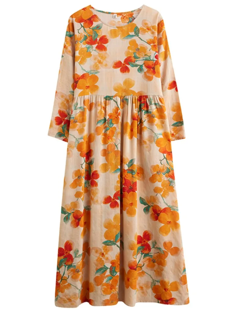 Autumn Flower Floral Print Dress Women A-Line Ruffle Pleated Loose Casual Modis Oversized Ladies Dresses Long Sleeve Woman Dress