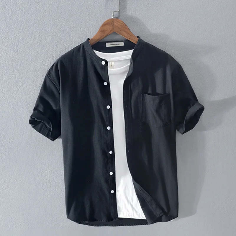 Men's Oxford Spinning Pure Cotton Short Sleeve Shirt Simple Stand Collar Cotton