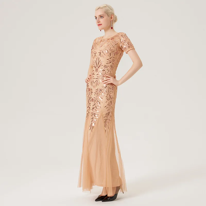 Sequin zomerjurk vrouwen bruidsmeisje avondjurken mesh bodycon bruiloft jurk vestidos prachtige ronde hals korte mouwen