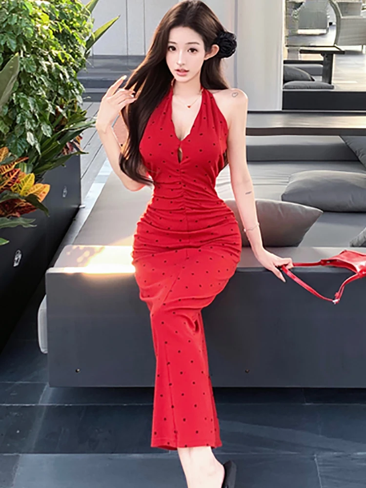 Robe longue d'été rouge à pois, Chic, montée sur le cou, élégante, dos nu, Sexy, Vintage coréen, robe de soirée de luxe, 2025