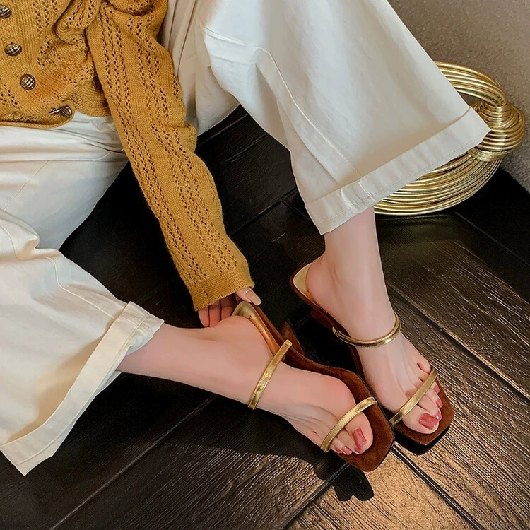 Summer Women's Solid Color with Comfortable Anti-slip Word Drag Fashion Elegant Narrow Casual Open Toe Slippers Zapatos De Mujer