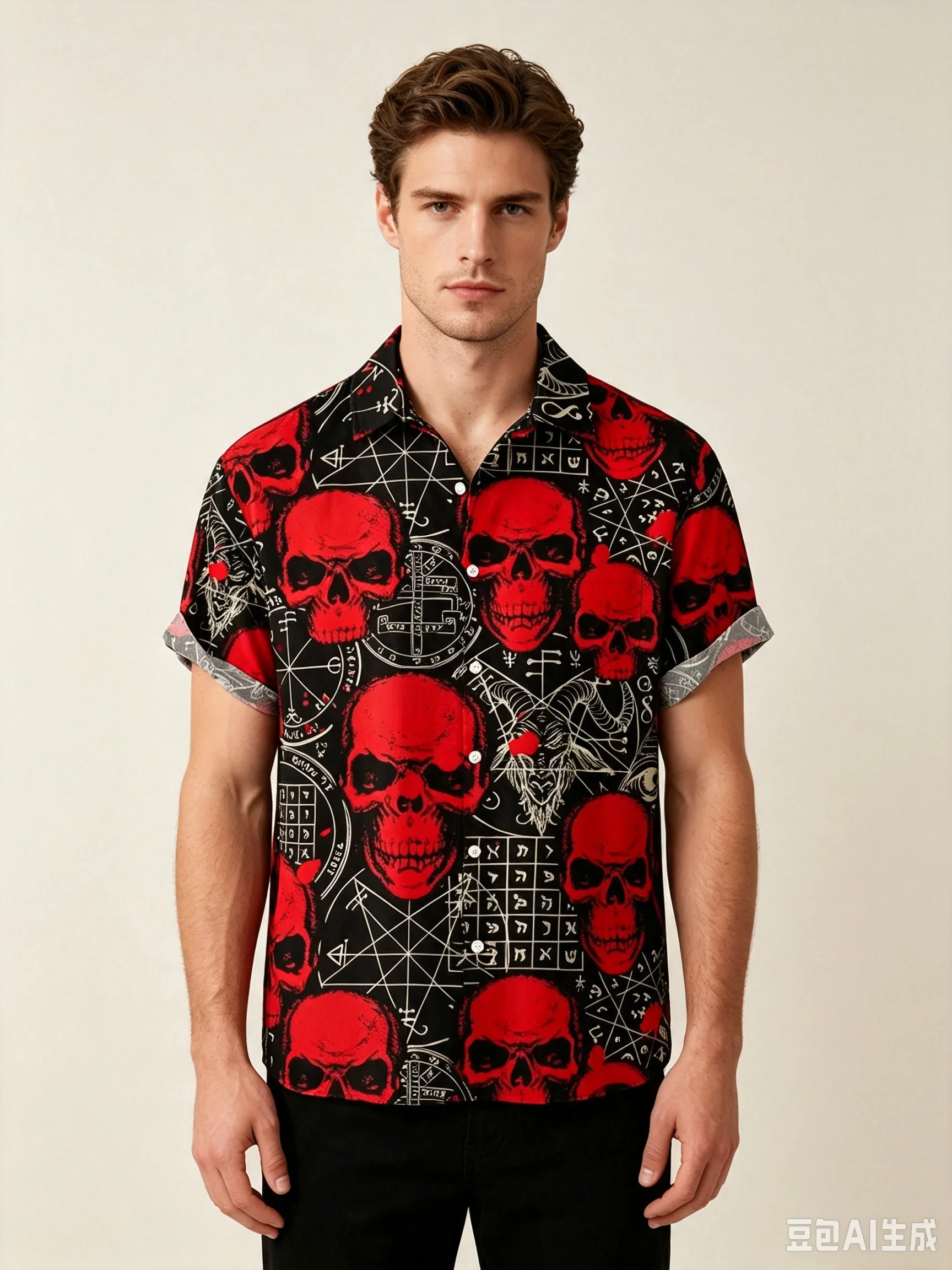 Family Matching Men's Short Sleeve Button‑Down Shirt Gothic Streetwear Top for Halloween Themed Parties Dead Sugar Skull