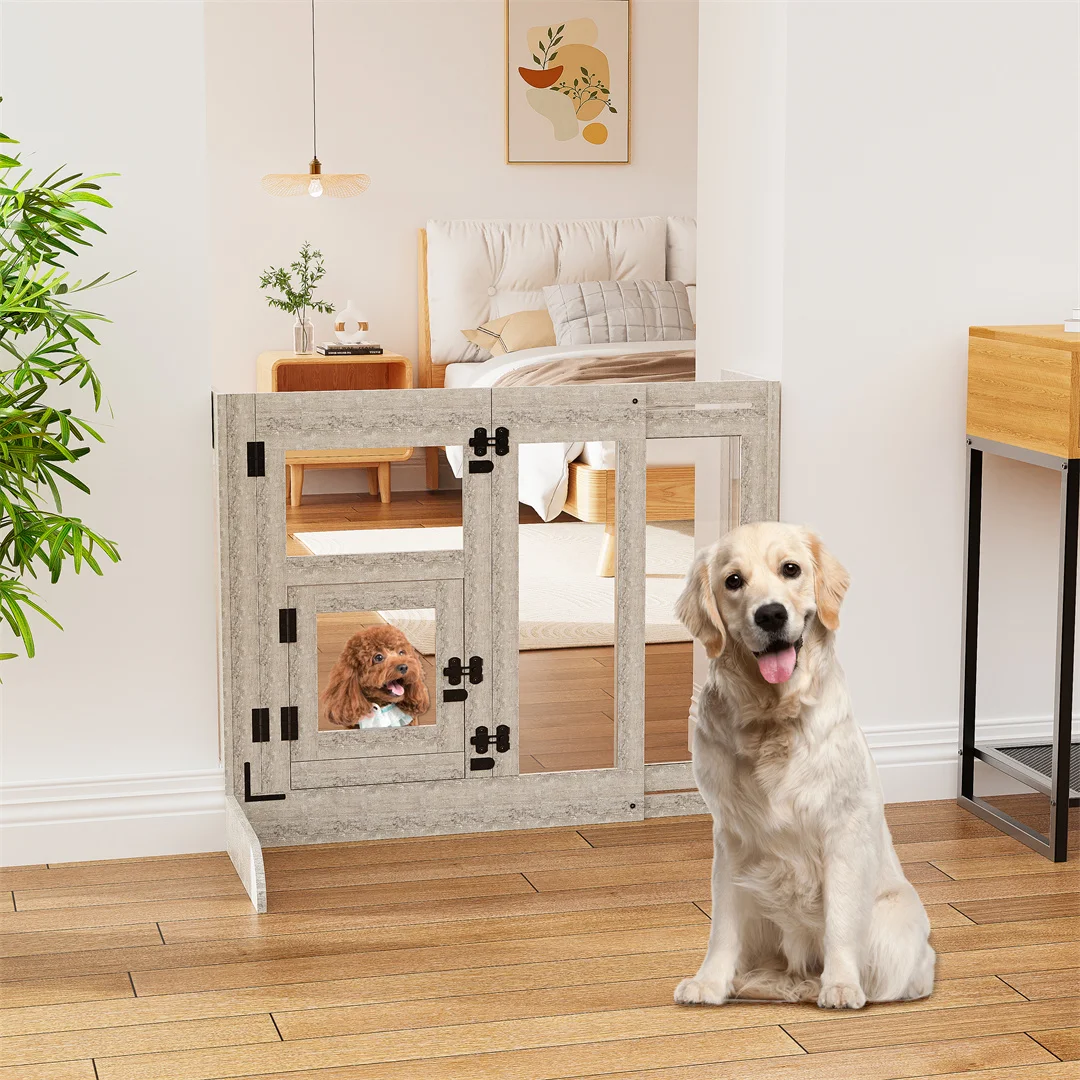 32 Inches Tall  Freestanding Pet Dog Safety Gate Retractable Walk-Through Tempered Glass with Lock Latch for Stair