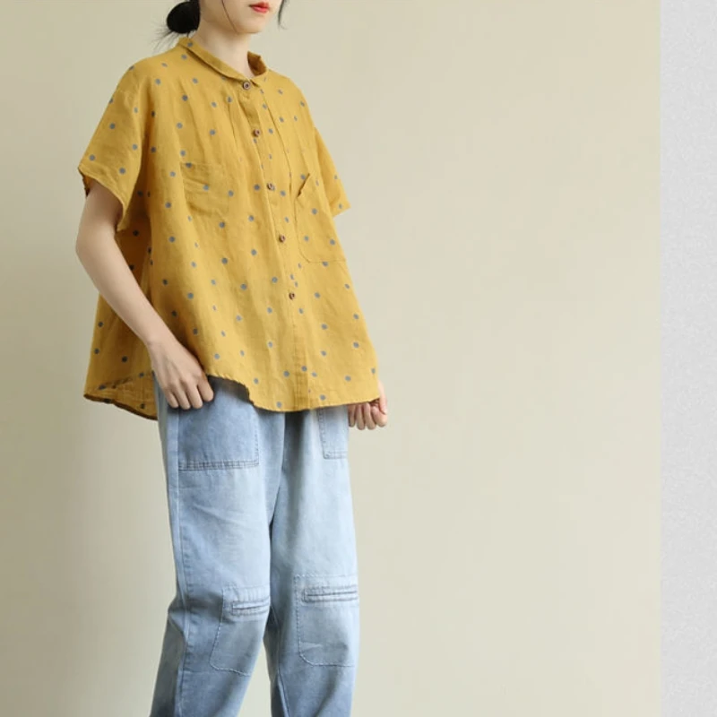 2024 Nieuwe Koreaanse Versie Pendelen Minimalistische Casual Blouses Met Korte Mouwen En Ronde Hals Bedrukte Polka Dot Pocket Dames Shirt Top