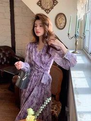 Printed Lotus Leaf French Fashion New Princess Dress V-neck Slim Purple Light Flare Sleeves Ruffled Edge Ladies Retro Flare PFI9