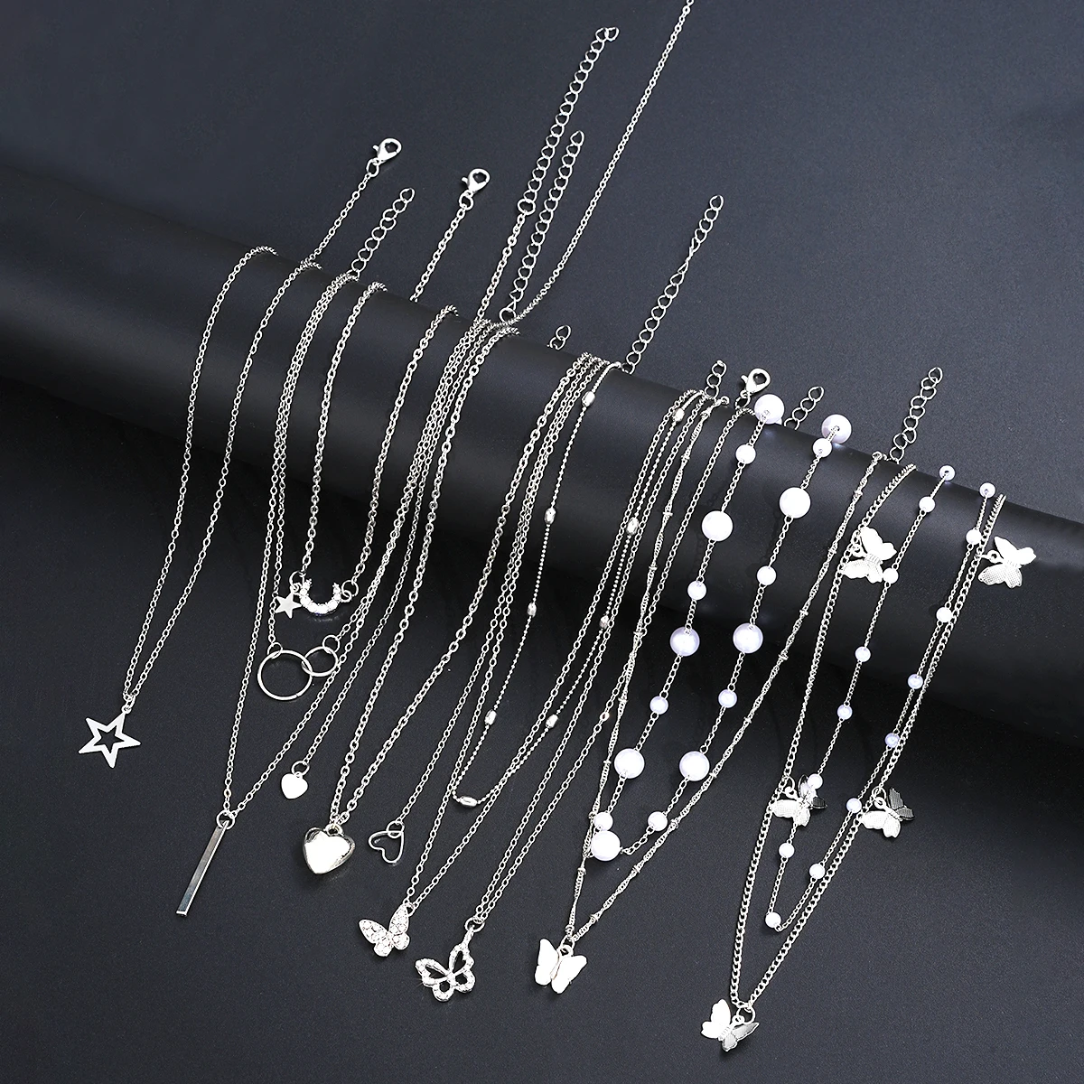 11pcs Simple Heart Butterfly Moon Pendant Necklaces For Women Elegant Silver Color Star Crystal Imitation Pearl Jewelry Set 2025