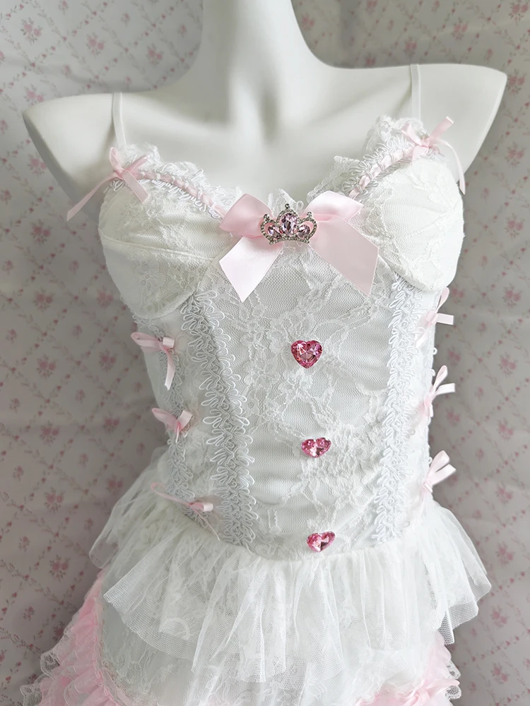 

Cute Lace Crop Tops Women Summer Pink Bows and Love Decoration Y2K Cropped for Sweet Girls Lolita Style Kawaii Clothes