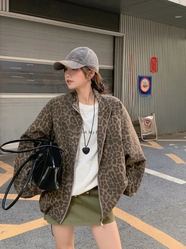 

plus Size Women's American Retro Leopard Print Loose Dstring Jaet Autumn New Casual BF Sle Top High Waist Stereo Cutting