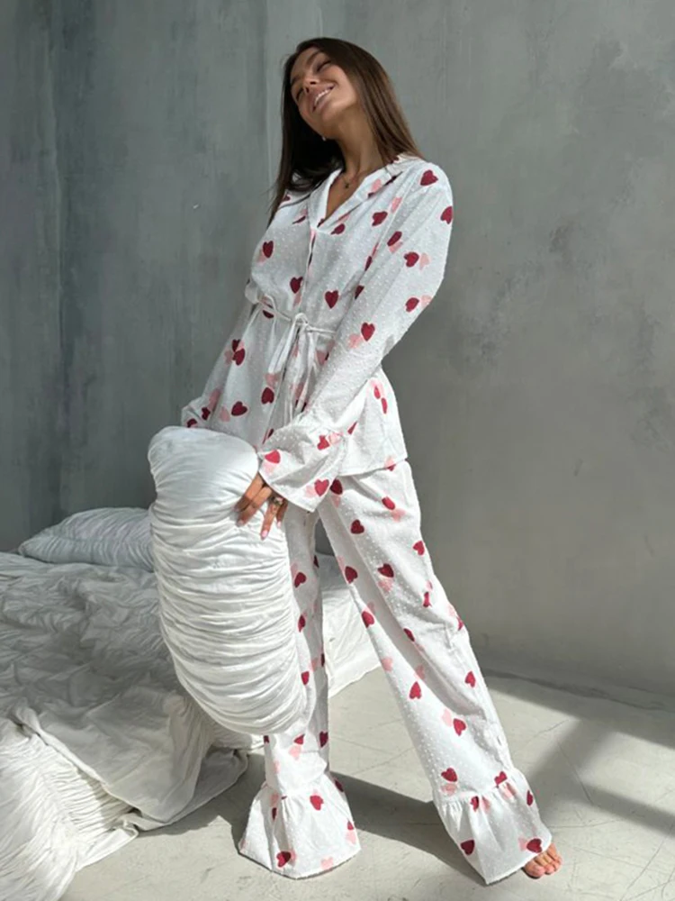 HiLoc Fashion Print Long Pants Sets Pajamas Women 2 Pieces Elegant Flare Sleeve Lace-Up Shirts Cotton Wide Leg Pants Sleepwears