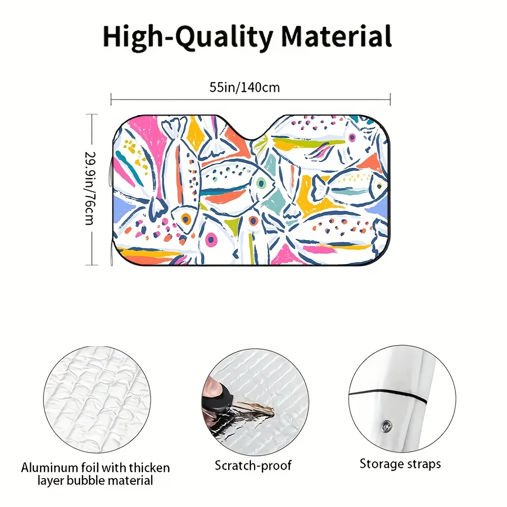 1pc, Colorful, Stylish, and Minimalist Cartoon Little Fish Themed Pattern Car Sunshade, Front Windshield Sun Visor