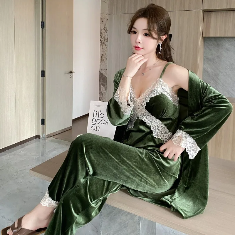 

Winter Warm Bathrobe&Cami&Pants 3Pcs Velvet Pajamas Suit Women Warm Sleepwear Home Clothes Loungewear Soft Nightgown Lingerie