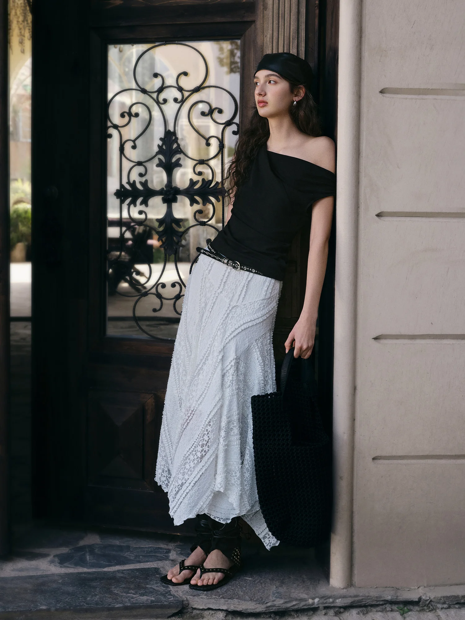 Women's Bias Cut Lace Panel Midi Skirt, Asymmetric Patchwork Hem