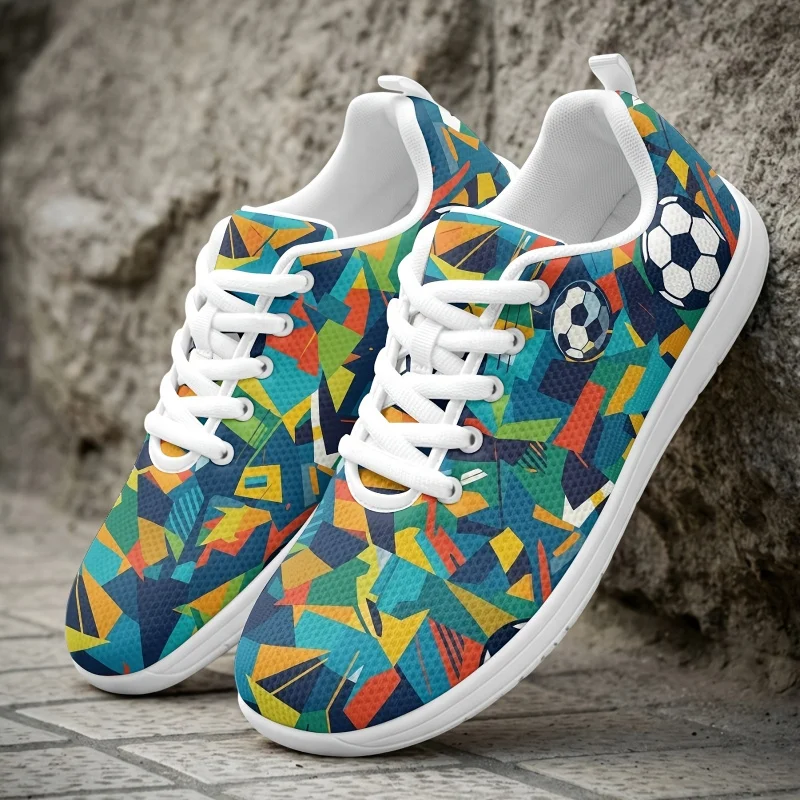 Unisex casual mesh shoes with football-themed geometric patchwork print Lace-up soft-soled non-slip wear-resistant low-top round